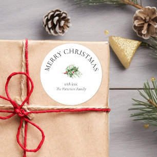 Minimal Christmas Pine Branch Family Name Custom Classic Round Sticker