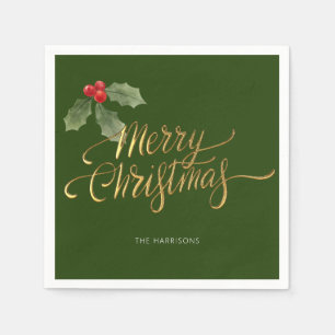 Minimal Christmas Red and Green Holly Branch Gold Napkin