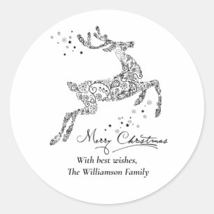Minimal Christmas Reindeer Black White Classic Round Sticker