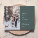 Minimal Christmas Scandinavian Forest Green Photo Holiday Card<br><div class="desc">A stylish modern holiday photo flat greeting card with a modern minimal typography quote "all is merry and bright" paired with a handwritten script font for your family name in white with a dark forest green feature color in a 'scandi' scandinavian design style. The greeting, name, year and message can...</div>