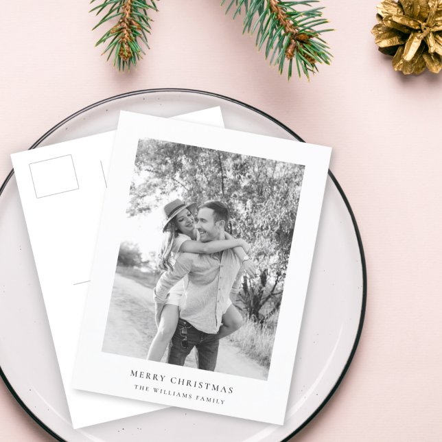 Minimal Christmas | Simple Black and White Photo Holiday Postcard (A clean and timeless photo holiday postcard for a simple elegant Christmas)