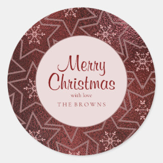 Minimal Christmas Snowflakes and Stars Maroon Classic Round Sticker