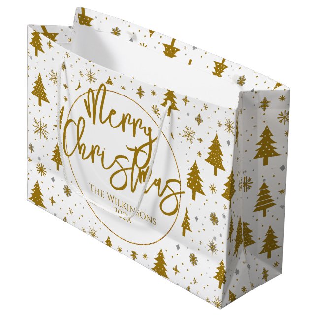 Minimal Christmas Tree White Gold Large Gift Bag (Front Angled)