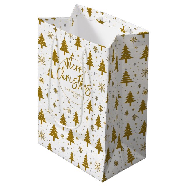 Minimal Christmas Tree White Gold Medium Gift Bag (Front Angled)