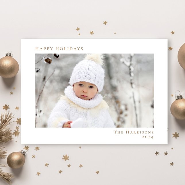 Minimal Christmas White Gold Happy Holidays Photo Holiday Card (Creator Uploaded)