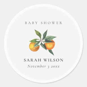 Minimal Citrus Orange Botanical Boho Baby Shower Classic Round Sticker