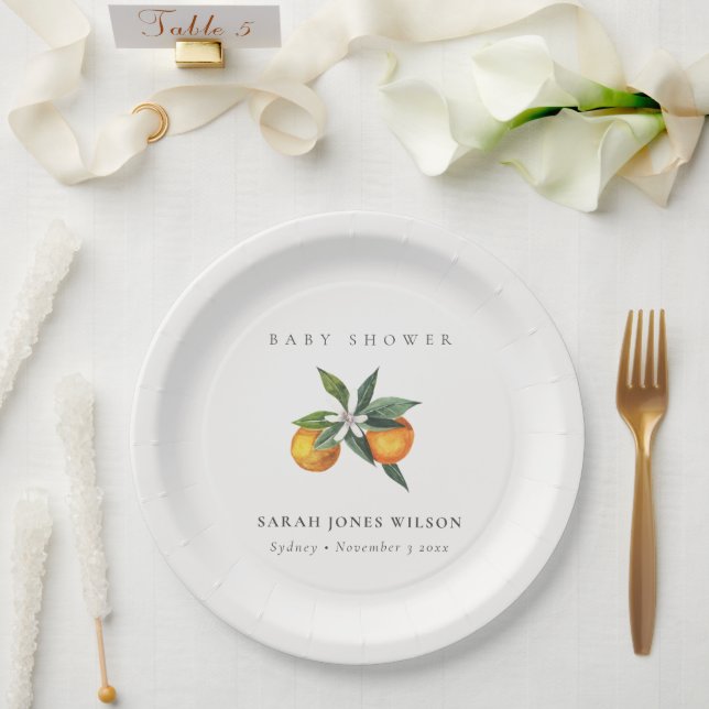 Minimal Citrus Orange Botanical Boho Baby Shower Paper Plate (Wedding)