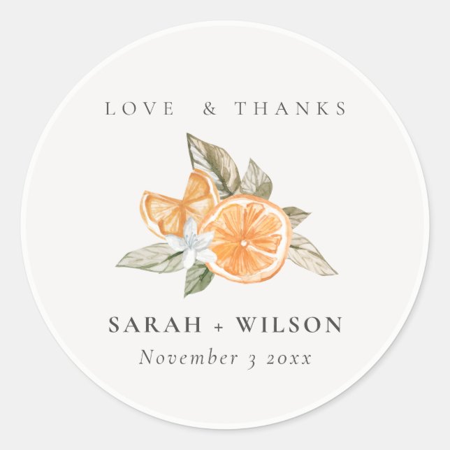 Minimal Citrus Orange Botanical Boho Wedding Classic Round Sticker (Front)
