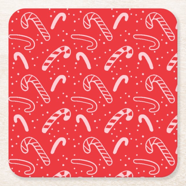 Minimal Classic Festive Holiday Red Candy Canes Square Paper Coaster (Front)