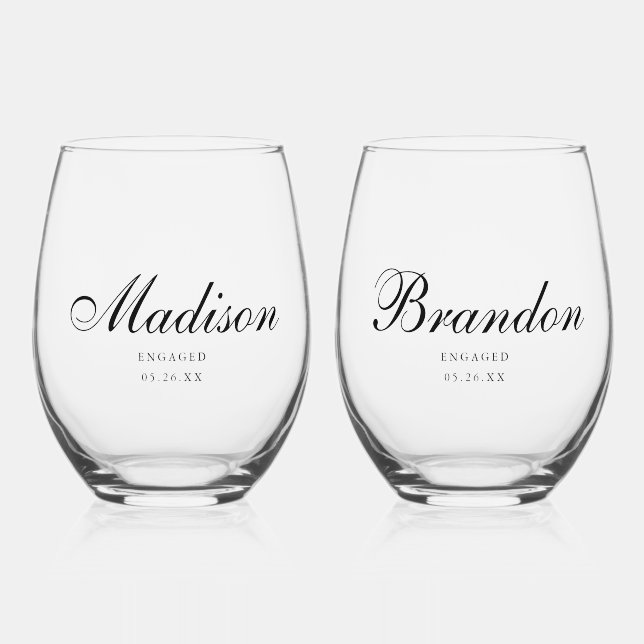 Minimal Classic Script Couple Names Engagement Stemless Wine Glass (Front)