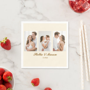 Minimal clean 3 photo romantic wedding napkin