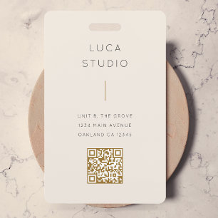 Minimal Clean Simple Modern QR Code Gold and Cream ID Badge
