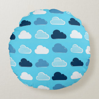 Minimal Clouds Pattern – Blue Sky Vibes Round Cushion