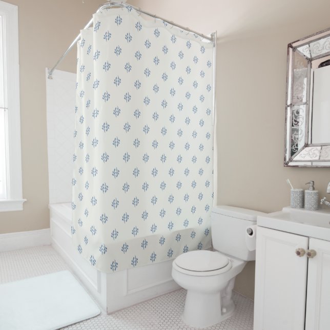 Minimal Coastal Blue Botanical Sprig Pattern Shower Curtain (In Situ)