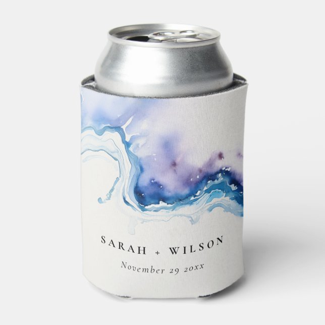 Minimal Coastal Sea Beach Watercolor Wedding Can Cooler (Can Front)