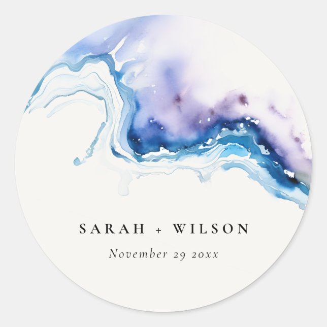 Minimal Coastal Sea Beach Watercolor Wedding Classic Round Sticker (Front)