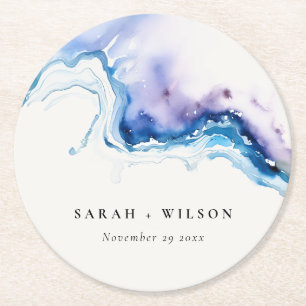 Minimal Coastal Sea Beach Watercolor Wedding Round Paper Coaster