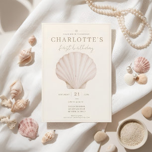 Minimal Coastal Seashell First Birthday Invitation