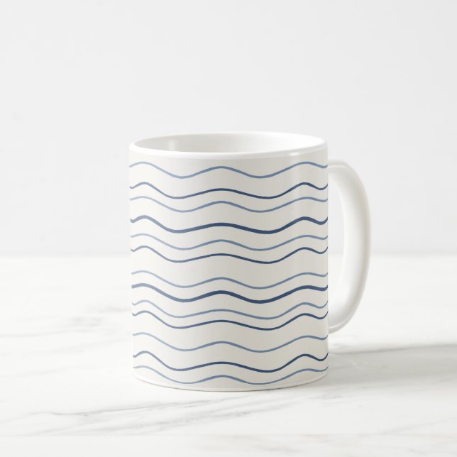 Minimal Coastal Wavy Stripe Blue Pattern Coffee Mug (Front Right)