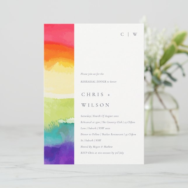 Minimal Colourful Pride Rainbow Rehearsal Dinner Invitation (Standing Front)