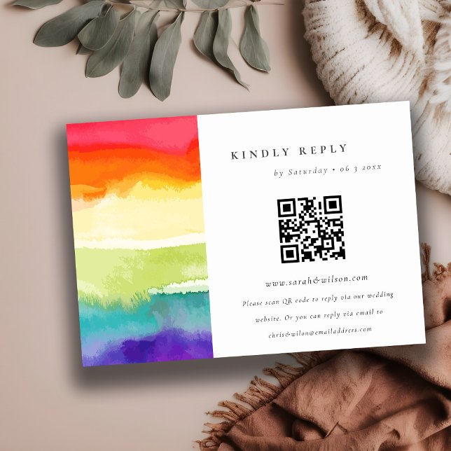 Minimal Colourful Pride Rainbow Wedding QR Code RSVP Card (Creator Uploaded)