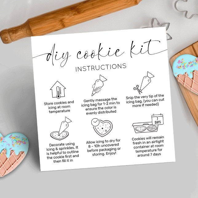 Minimal Cookie Decorating Care Card Elegant Logo (DIY Cookie Kit care instructions cards with icons and minimal black and white design)