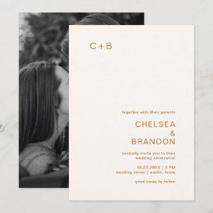 Minimal Copper Monogram Photo Modern Wedding Invitation