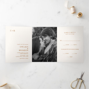 Minimal Copper Monogram Photo Modern Wedding Tri-Fold Invitation