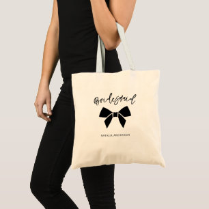 Minimal Coquette Black Bow Script Bridesmaid  Tote Bag