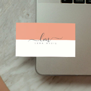 Minimal Coral Peach & white calligraph monogram Calling Card