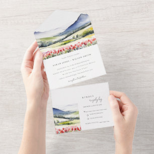 Minimal Country Spring Floral Landscape Wedding In All In One Invitation