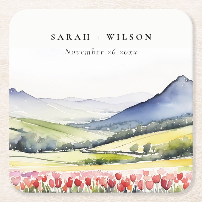Minimal Country Spring Floral Landscape Wedding In Square Paper Coaster (Front)