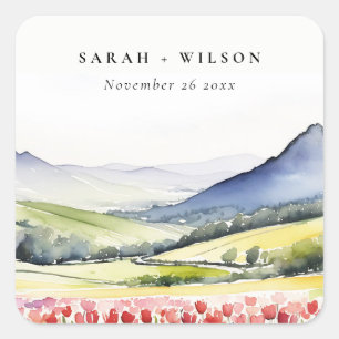 Minimal Country Spring Floral Landscape Wedding In Square Sticker