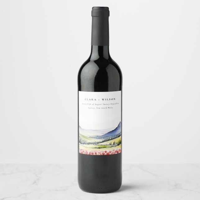 Minimal Country Spring Floral Landscape Wedding In Wine Label (Front)