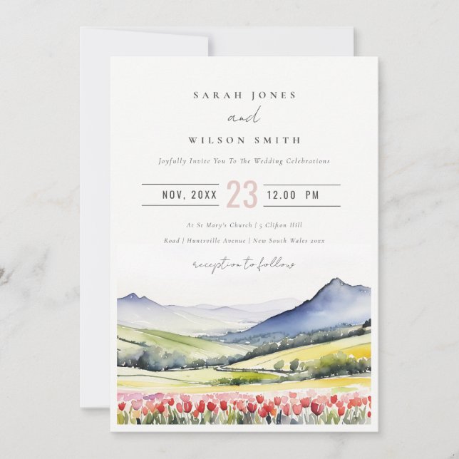 Minimal Country Spring Floral Landscape Wedding Invitation (Front)