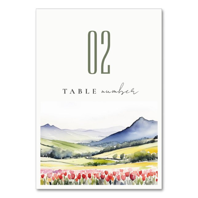 Minimal Country Spring Floral Landscape Wedding Table Number (Front)