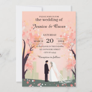 Minimal Couple Cartoon with Flowers Wedding Invitation