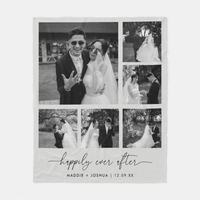 Minimal Couple Photos Collage 'Happily Ever After' Fleece Blanket (Front)