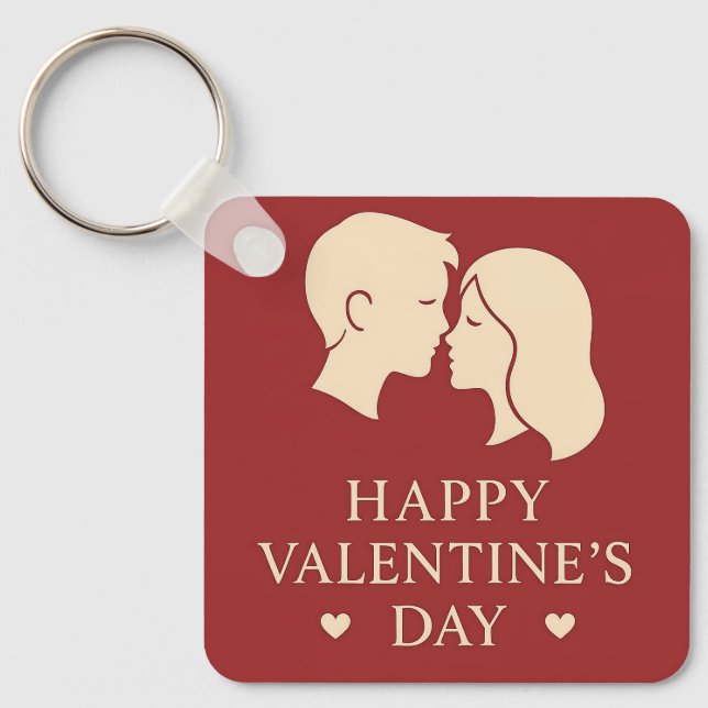 Minimal Couple Silhouette Romantic Valentine Heart Key Ring (Front)