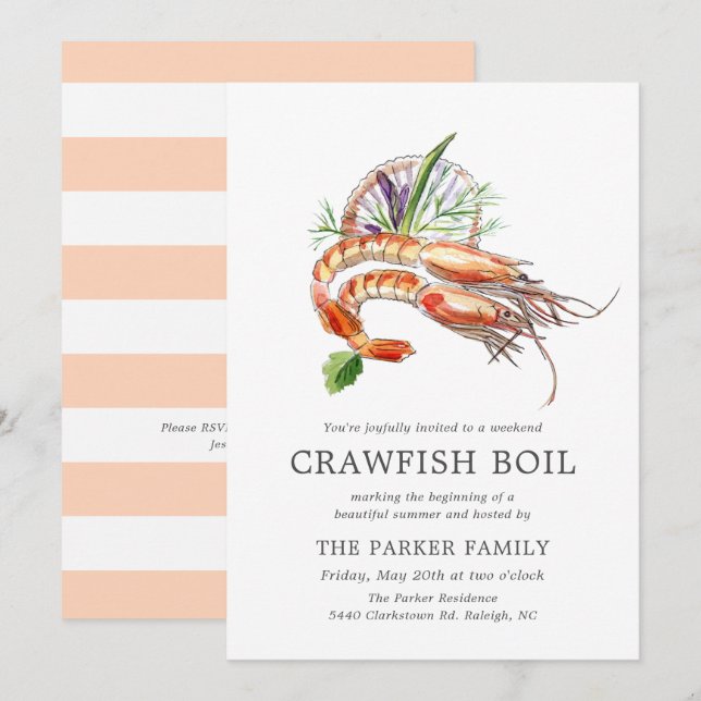 Minimal Crawfish Boil | Coral Stripes Invitation (Front/Back)