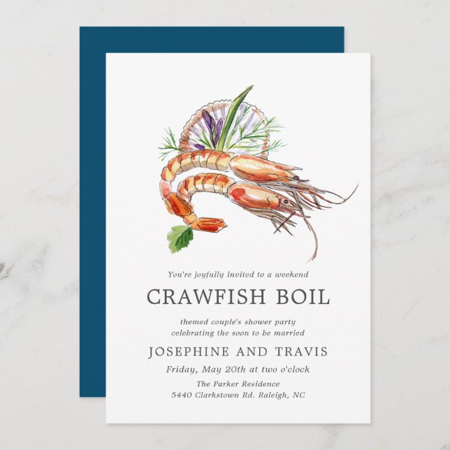 Minimal Crawfish Boil Couple's Shower Ocean Blue Invitation (Front/Back)