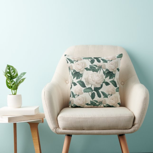 Minimal Cream Peony White Floral Pattern Cushion (Chair)