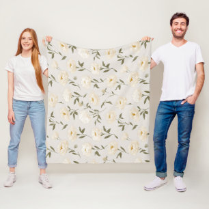 Minimal Cream Peony White Floral Pattern Fleece Blanket