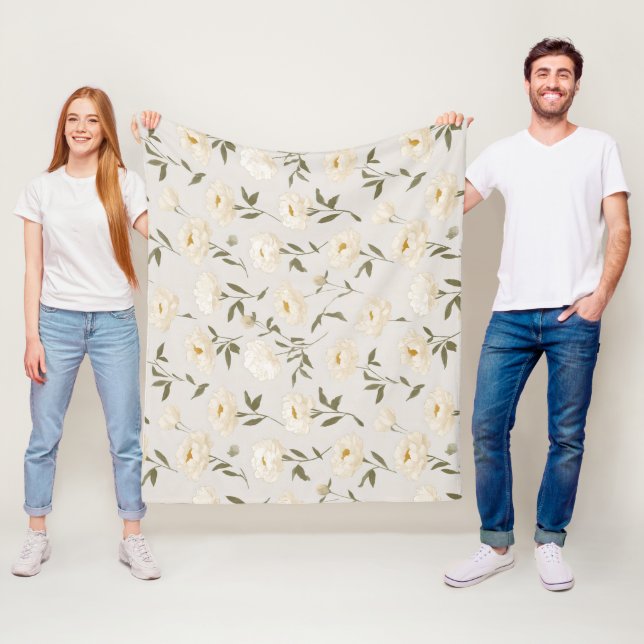 Minimal Cream Peony White Floral Pattern Fleece Blanket (In Situ)