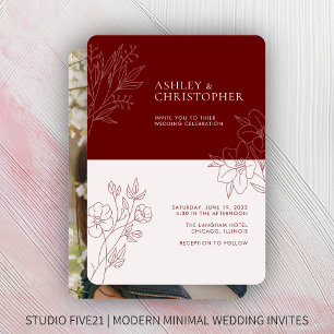 Minimal Crimson Red Foliage Outline Photo Wedding Invitation