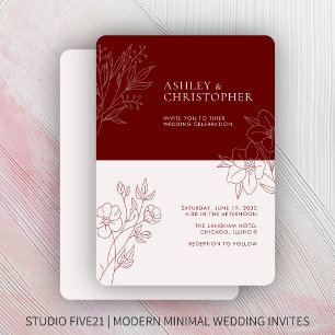 Minimal Crimson Red Foliage Outline Wedding Invitation