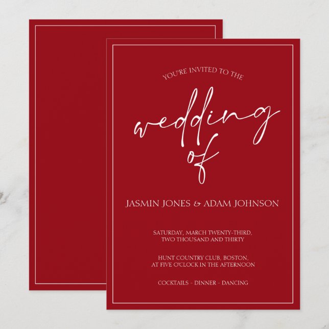 Minimal Crimson Red Script Wedding Invitation (Front/Back)