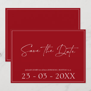 Minimal Crimson Red Script Wedding Save The Date