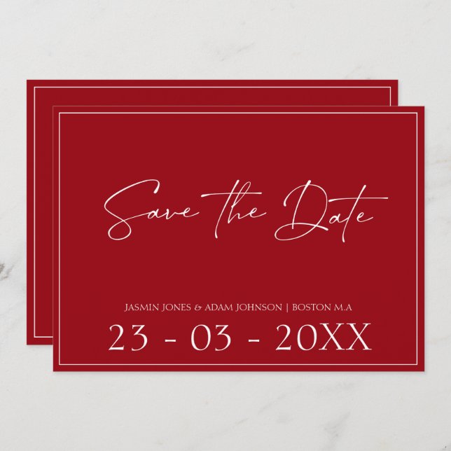 Minimal Crimson Red Script Wedding Save The Date (Front/Back)