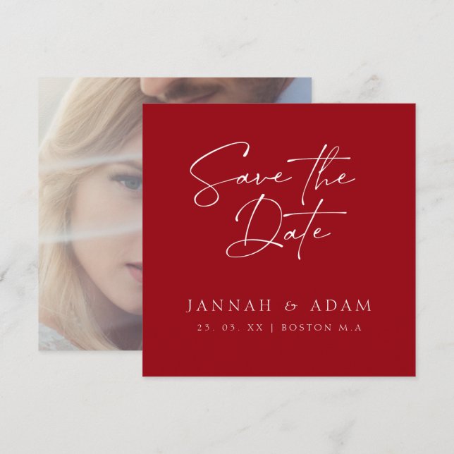 Minimal Crimson Red Typography Photo Wedding Save The Date (Front/Back)